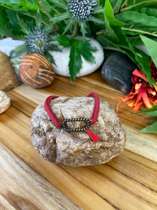 Rectangle Roped, Red Suede Corded Metal Inspirational Quote Bracelet.