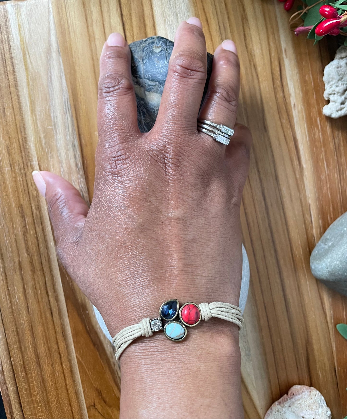 Triple Cabochon w/Stone, Beige Hemp, Inspirational Quoted Bracelet.