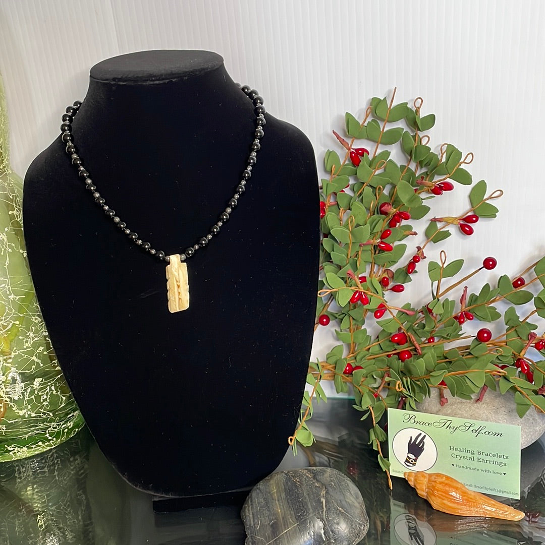 Jasper Stones w/Carved Ivory & Hematite spacer Pendant, Healing Necklace.