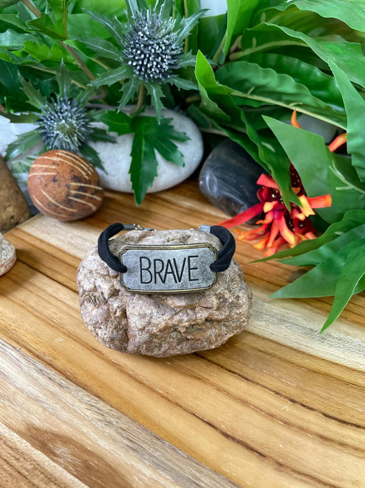 Brave, Black Suede Corded Metal Inspirational Quote Bracelet.