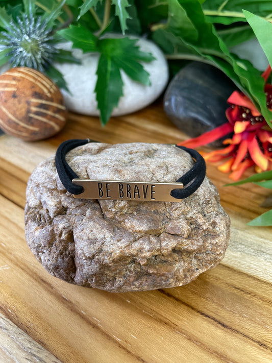 Be Brave, Antique Metal Black Suede Inspirational Quoted Bracelet