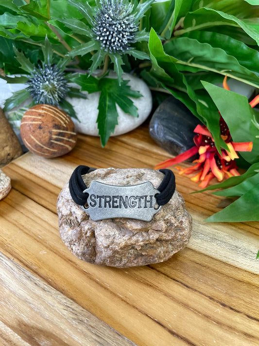 Strength, Black Suede Corded Metal Inspirational Quote Bracelet.