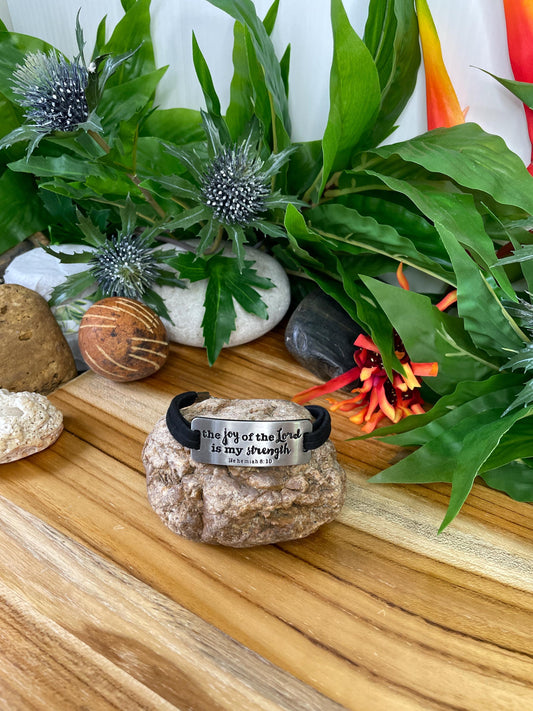 The Joy Of The Lord Is My Strength, Black Suede Metal Bracelet.