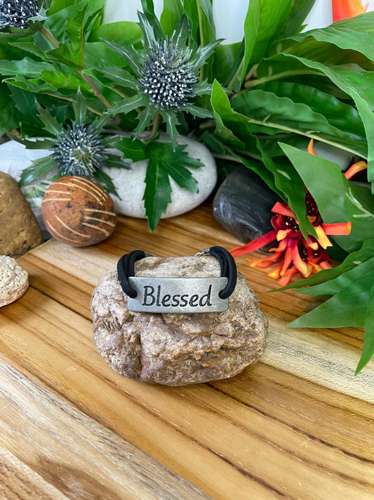Blessed Bracelet, Black Suede Metal Inspirational Bracelet.