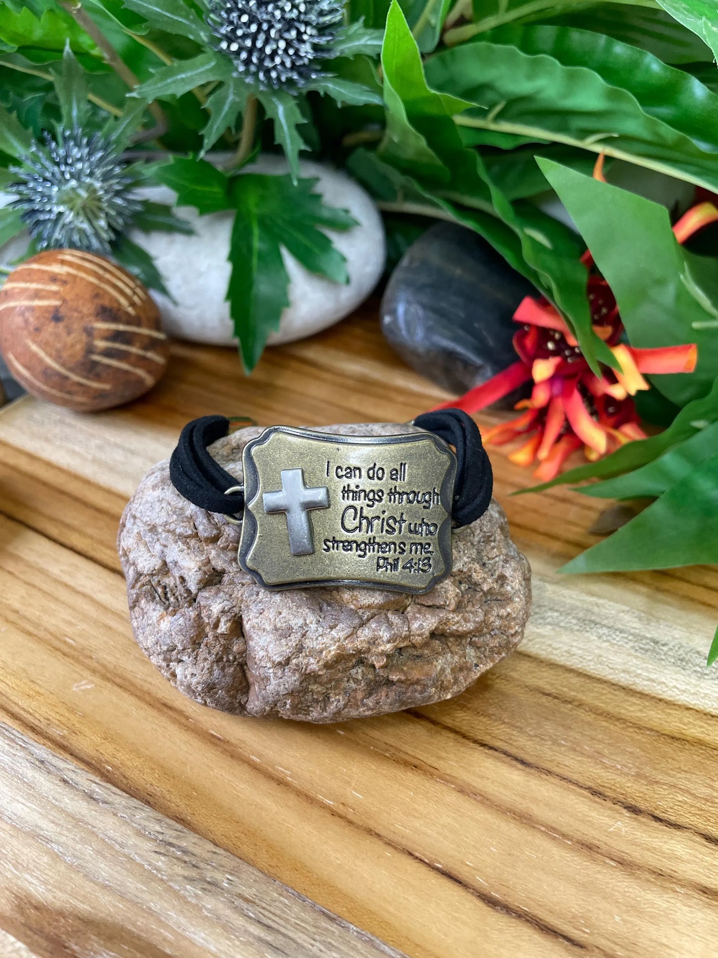 I Can Do All Things Through Christ Who Strengthens Me Black Suede Metal Bracelet.