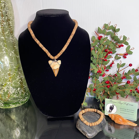 Natural Wood Beaded w/Shark Tooth Pendant, Healing Necklace.