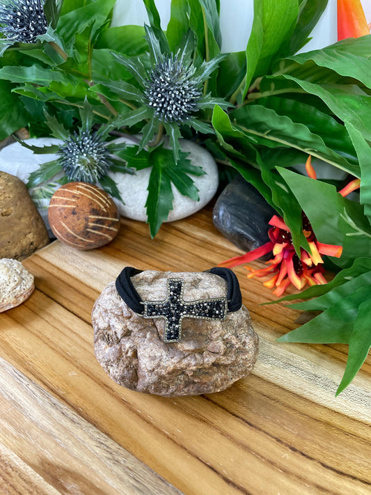 Cross, Black Stones, Black Suede Metal Inspirational Bracelet.