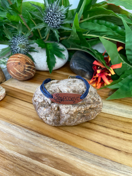 Stay Positive, Leather, Blue Hemp Corded Inspirational Bracelet