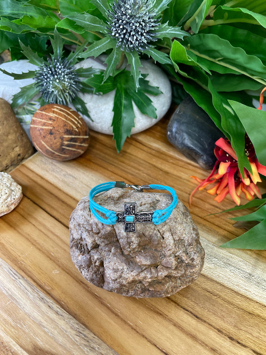 Cross, Turquoise Hemp w/Turq Stone, Silver Metal Inspirational Bracelet.