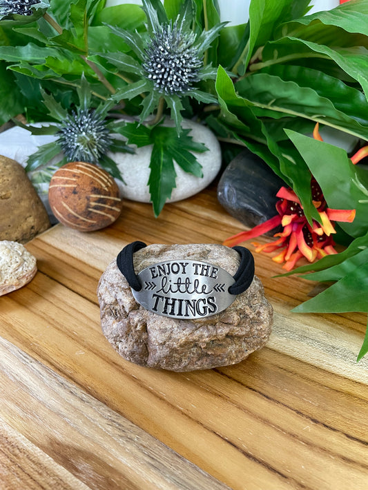 Enjoy The Little Things, Black Suede Metal Inspirational Bracelet.