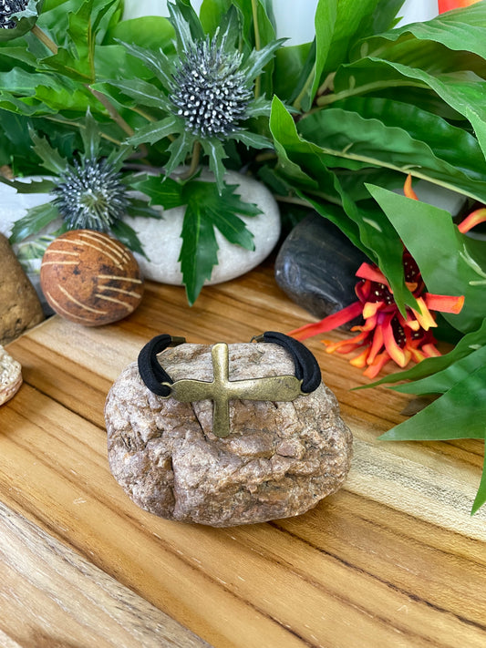 Cross, Black Suede Corded Metal Inspirational Quoted Bracelet