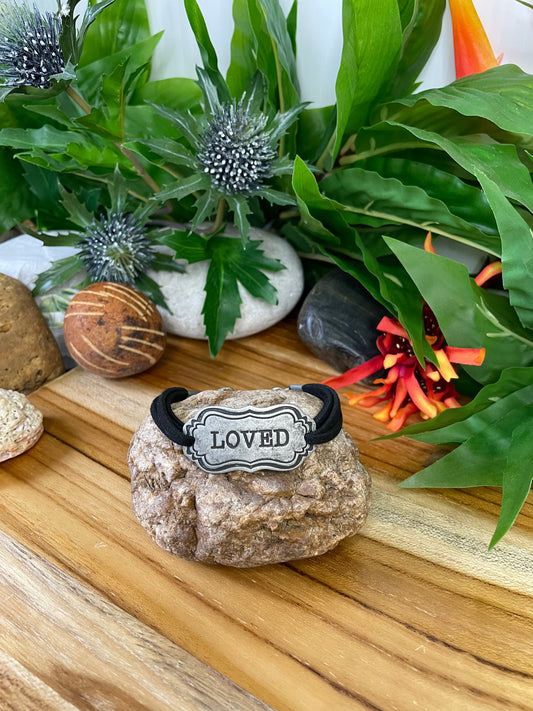 Loved, Black Suede Inspirational Quoted Bracelet.
