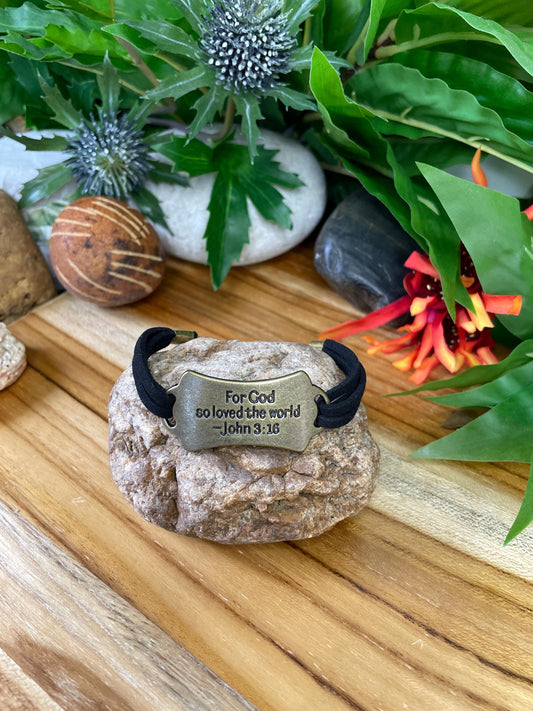 For God So Loved The World, Black Suede Metal Inspirational Bracelet.