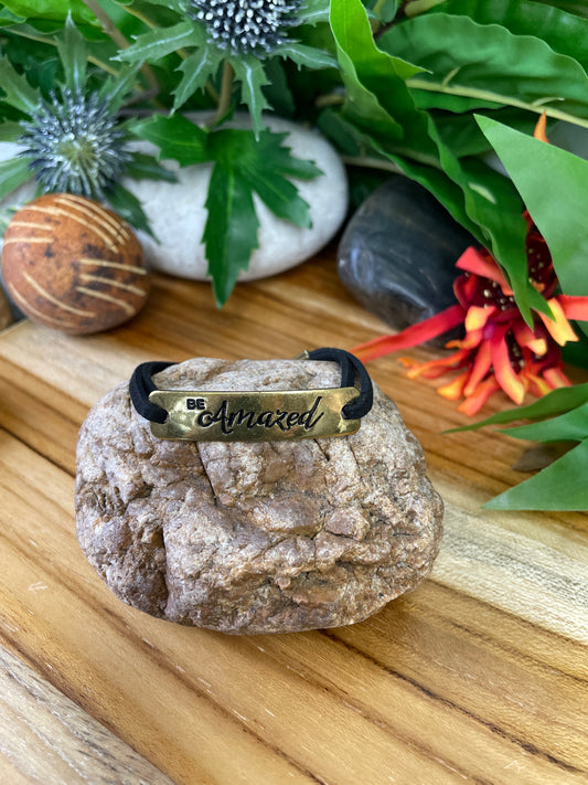 Be Amazed, Black Suede Gold Metal Inspirational Charm Bracelet.