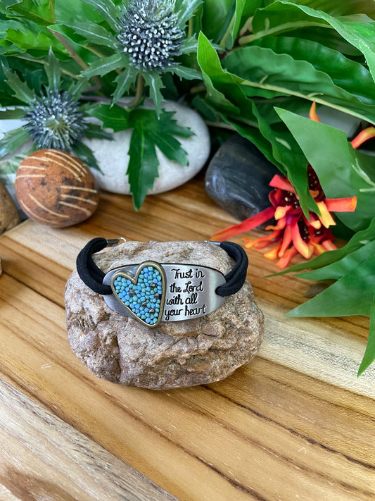 Trust In The Lord w/All Your Heart, Black Suede Metal Inspirational Quote Bracelet.