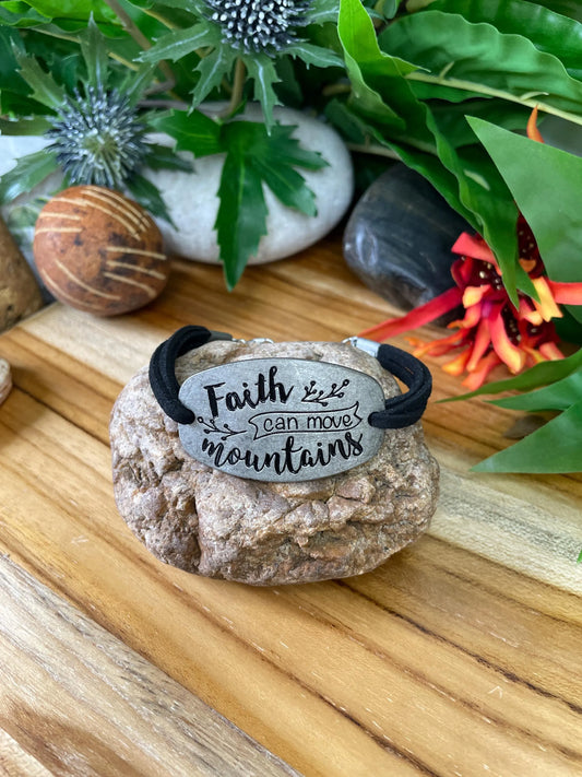 Faith Can Move Mountains, Black Suede Metal Inspirational Bracelet.