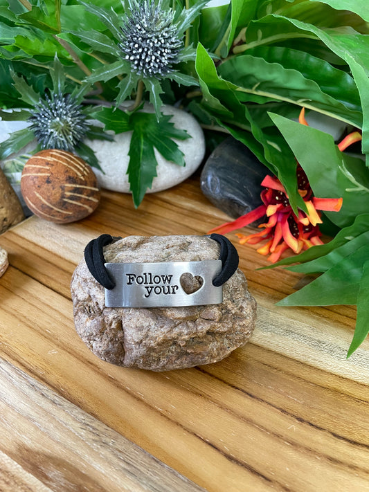 Follow Your Heart, Blk Suede Metal Inspirational Quoted Bracelet.