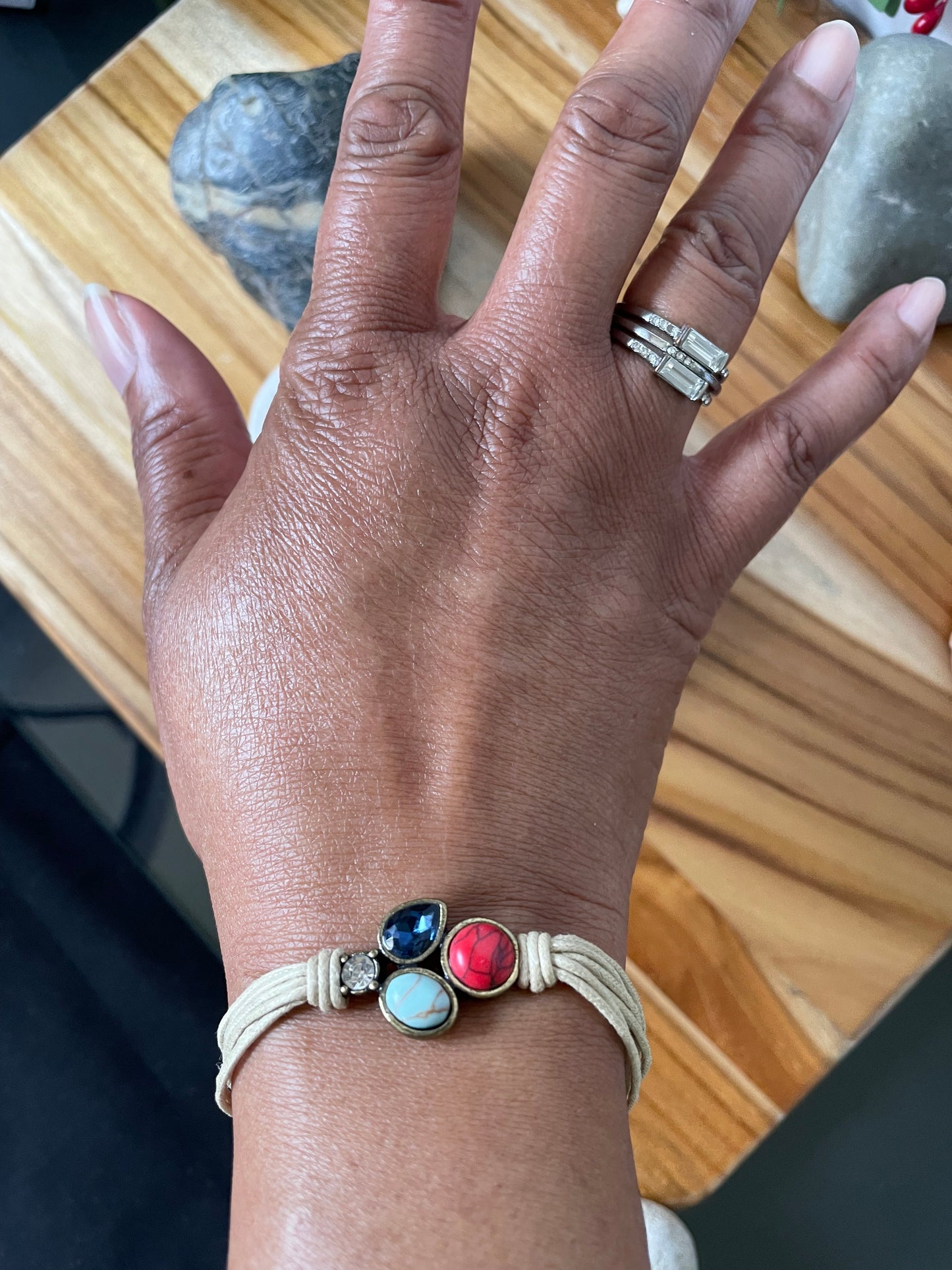 Triple Cabochon w/Stone, Beige Hemp, Inspirational Quoted Bracelet.