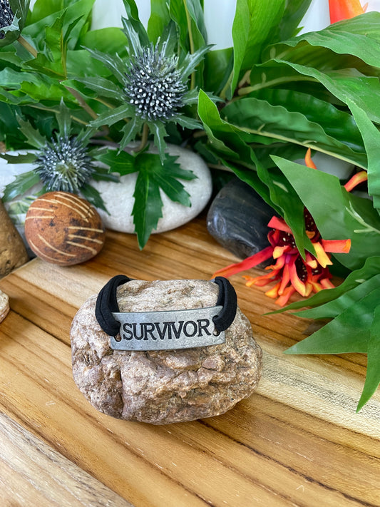 Survivor, Blk Suede Metal Inspirational Quoted Bracelet.