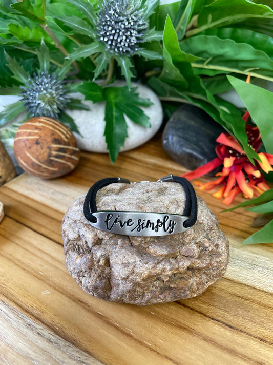Live Simply, Black Suede Metal Inspirational Quote Bracelet.