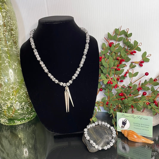 Black & White Clay, Camouflage w/Hematite Stones, w/Cone Charms Healing Bracelet.