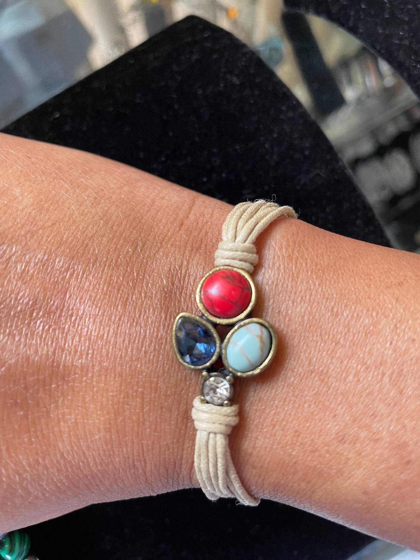 Triple Cabochon w/Stone, Beige Hemp, Inspirational Quoted Bracelet.