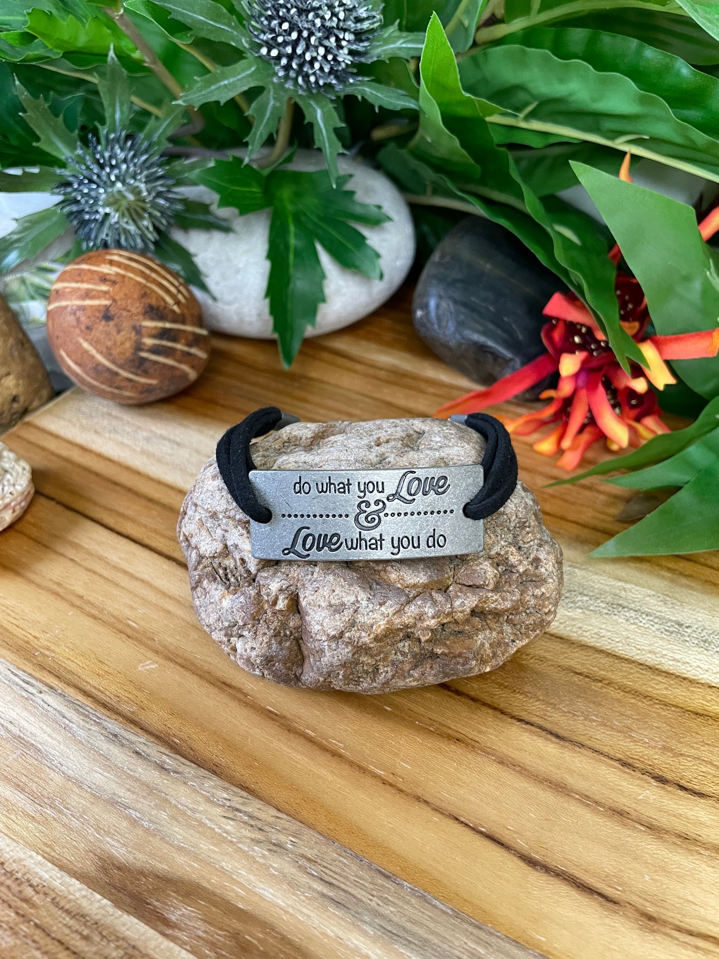 Do What a you Love & Love What You Do, Blk Suede Metal Inspirational Quoted Bracelet.