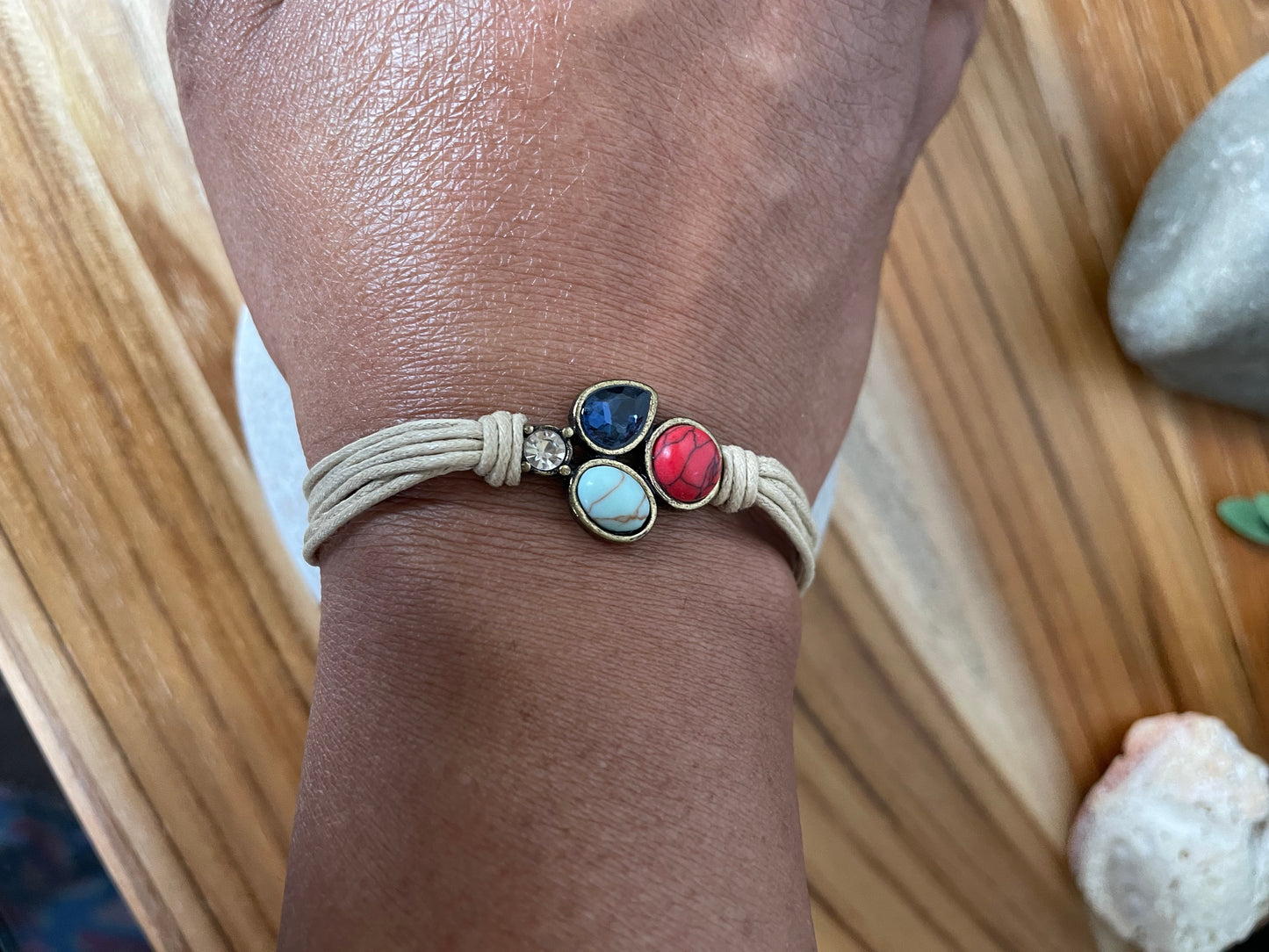 Triple Cabochon w/Stone, Beige Hemp, Inspirational Quoted Bracelet.