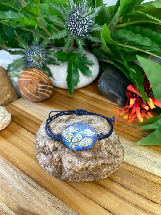 Owl, Crescent Moon & Cloud, Blue Hemp Inspirational Bracelet.