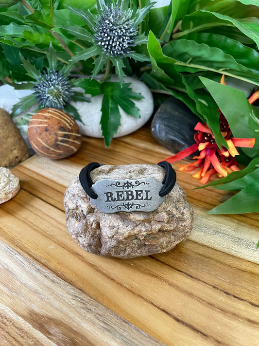 Rebel, Black Suede Metal Inspirational Quoted Bracelet.