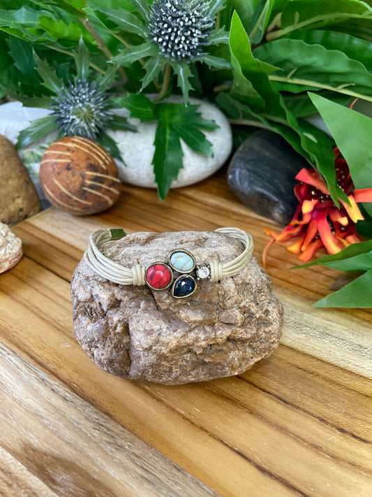 Triple Cabochon w/Stone, Beige Hemp, Inspirational Quoted Bracelet.