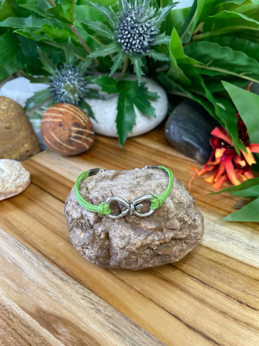 Knotted, Silver Metal Lime Green Hemp Inspirational Quoted Bracelet.