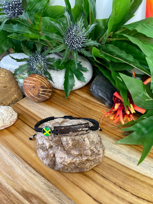 Jamaican Bracelet w/JM Flag, Carved Wooded Plate, Black Hemp Inspirational Bracelet.
