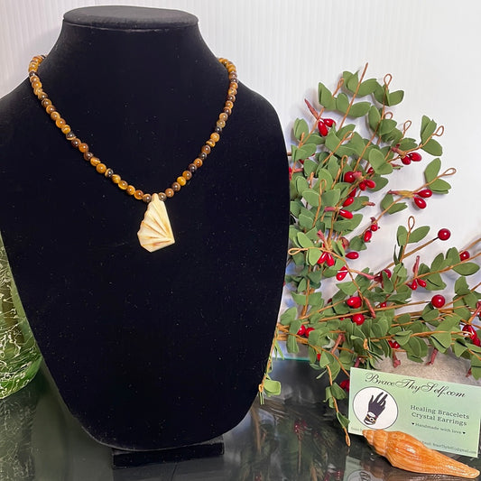 Tiger Eye Stones w/Carved Ivory Pendant, Healing Necklace.
