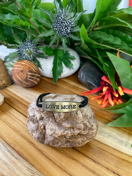 Love More, Black Suede Corded Metal Inspirational Quote Bracelet.