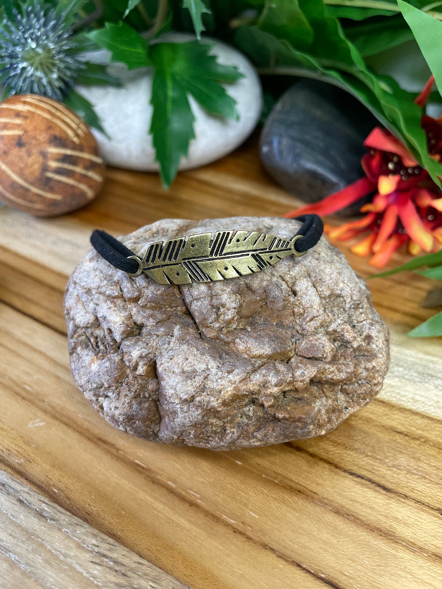 Leaf Gold, Black Suede, Inspirational Quoted Bracelet.