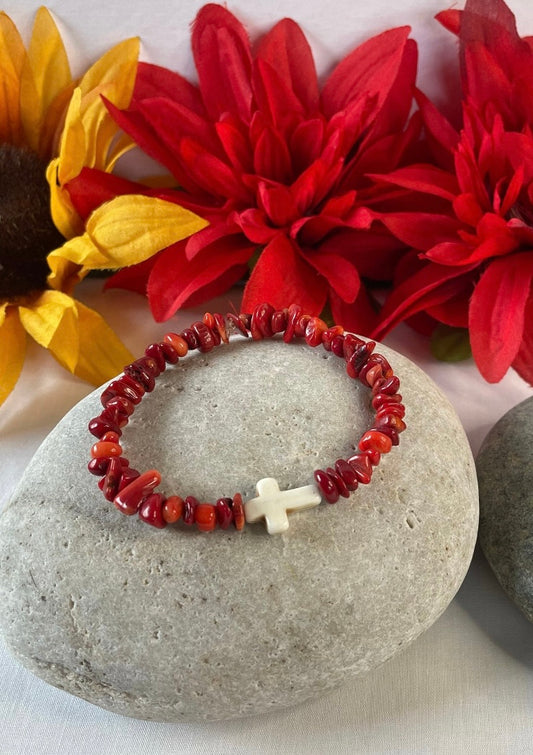 Red Bamboo Coral Chips, w/Reconstituted White Cross Stone, Healing Bracelet.