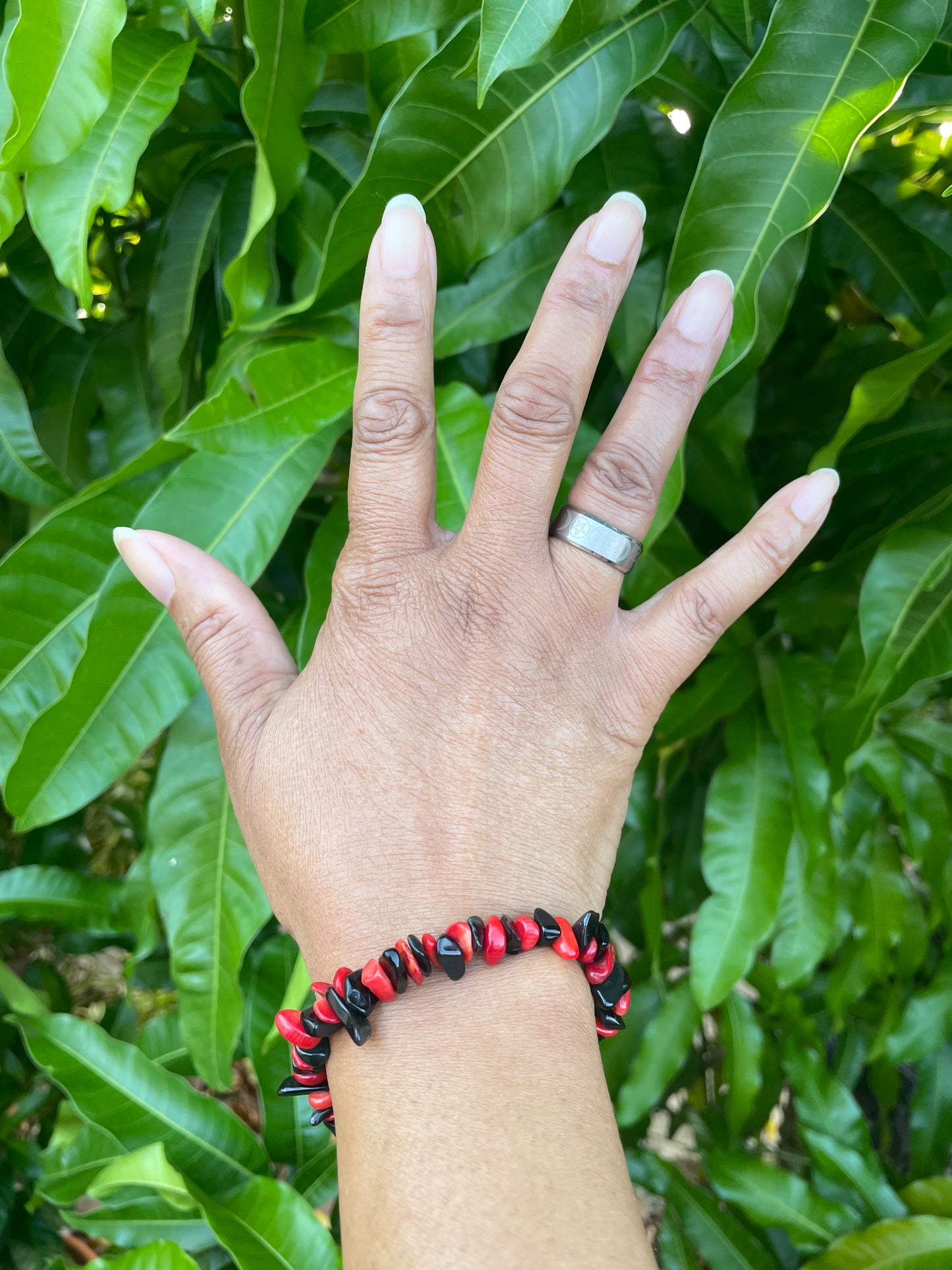 Red Bamboo Coral w/Obsidian, Healing Bracelet.