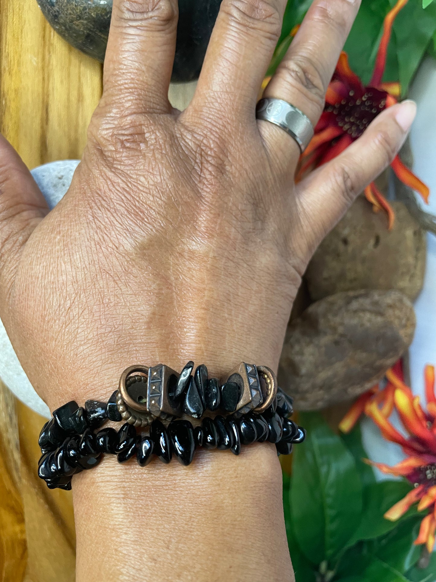 Black Obsidian Stones Chips, Healing Bracelet.