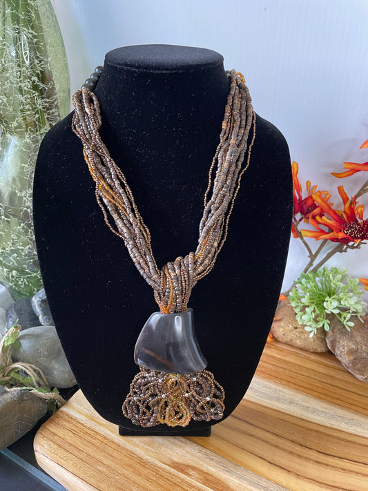 Brown Beaded Tied Knotted Necklace.
