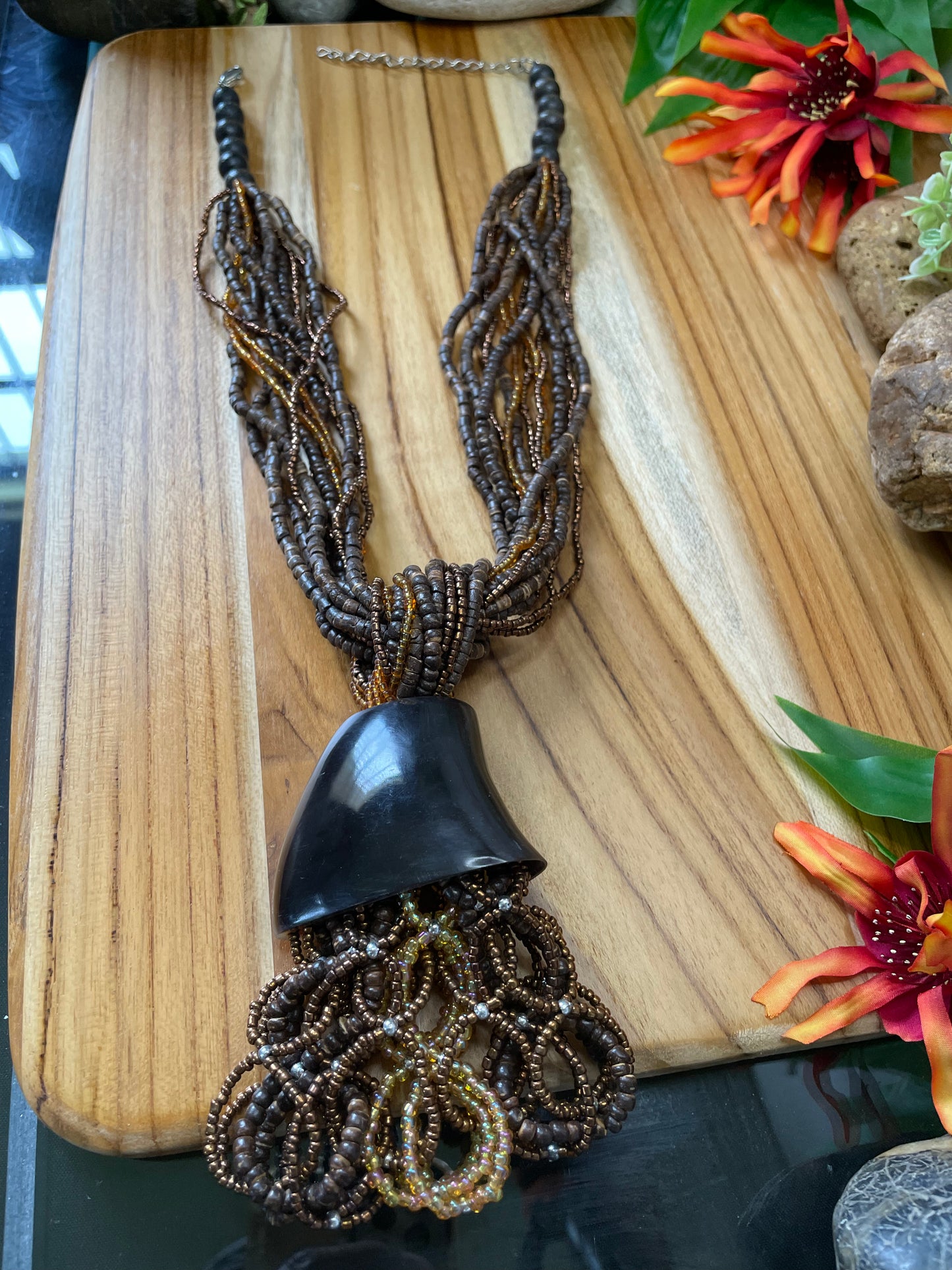 Brown Beaded Tied Knotted Necklace.