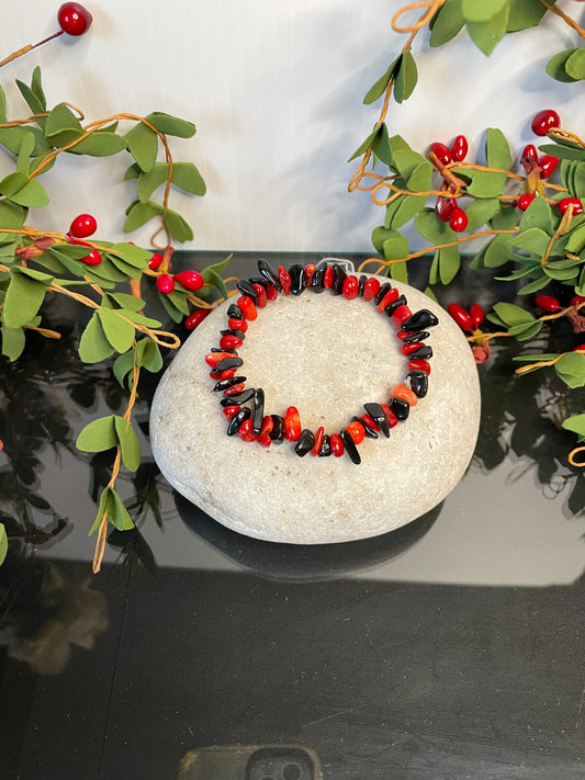 Red Bamboo Coral w/Obsidian, Healing Bracelet.