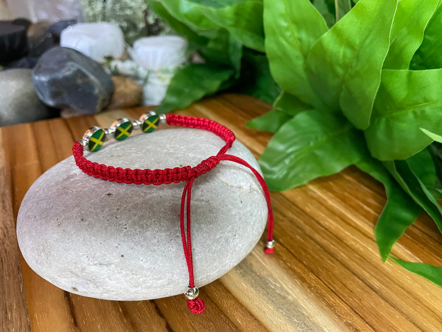 Jamaican Bracelet w/JM Flag, Red Hemp Inspirational Bracelet.