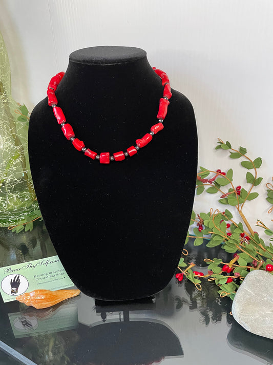 Red Bamboo Coral w/Hematite, Healing Necklace