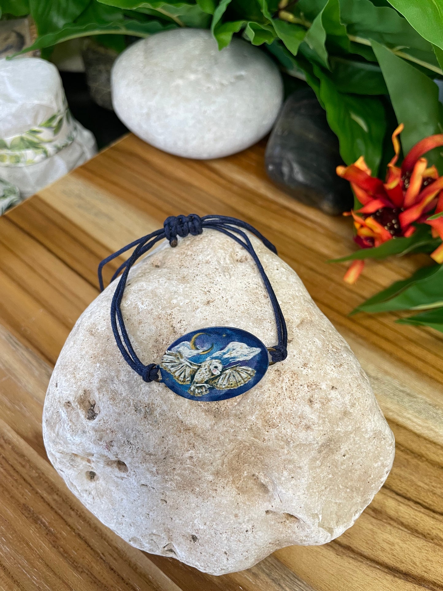 Owl, Crescent Moon & Cloud, Blue Hemp Inspirational Bracelet.