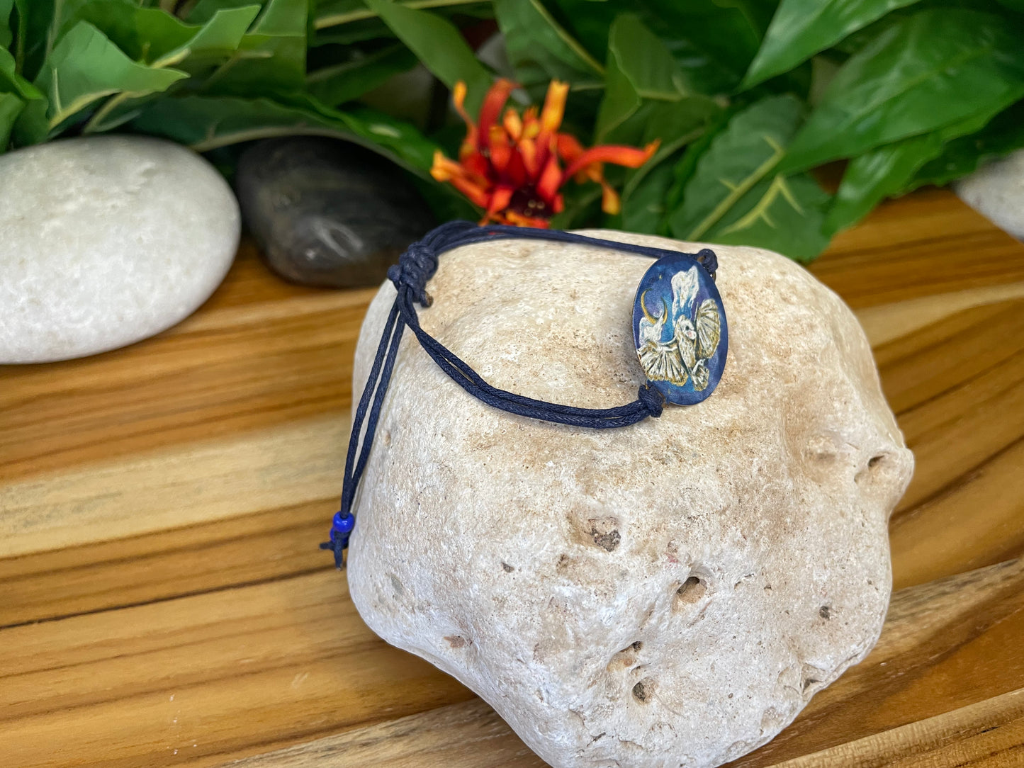 Owl, Crescent Moon & Cloud, Blue Hemp Inspirational Bracelet.