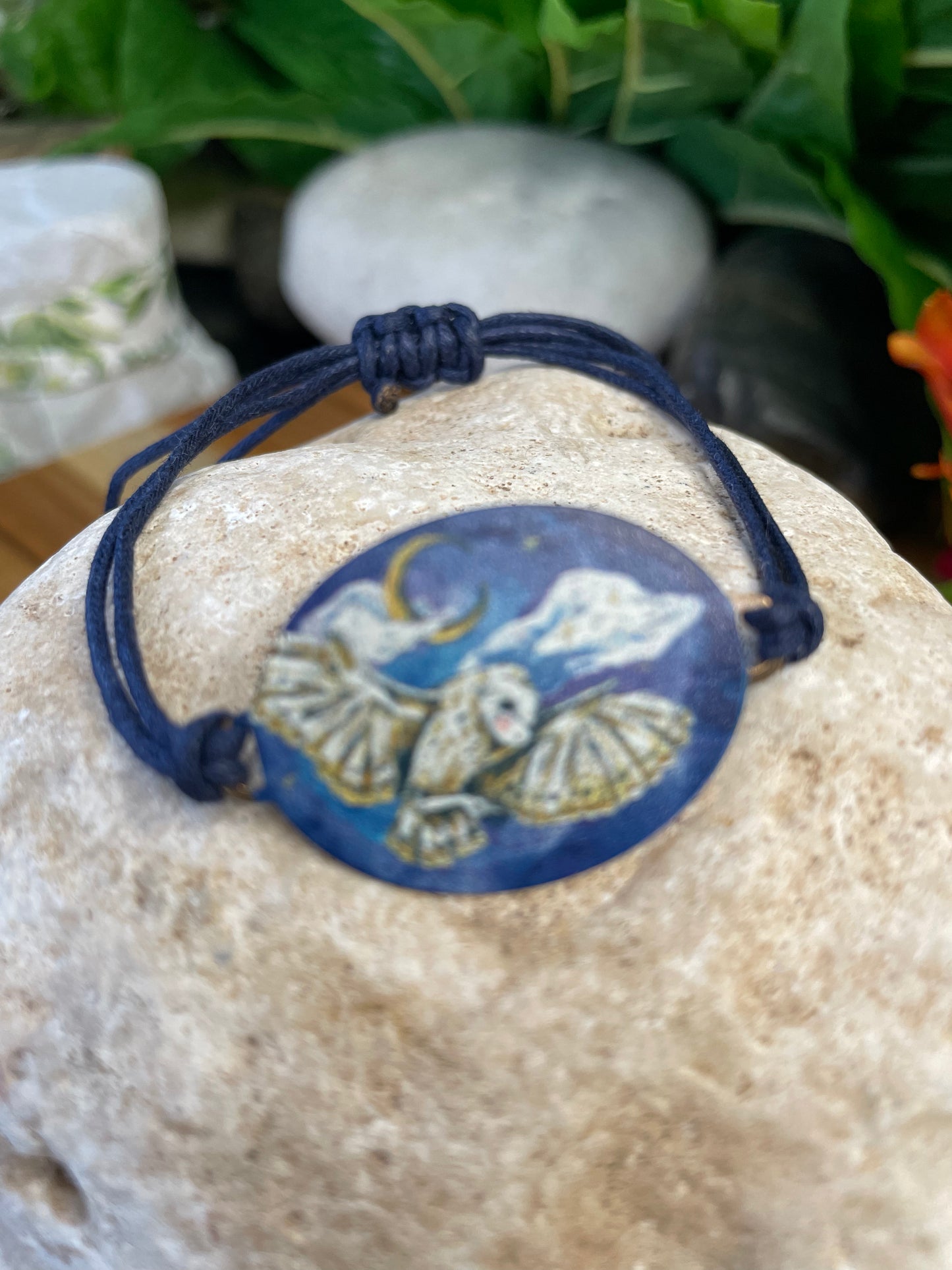 Owl, Crescent Moon & Cloud, Blue Hemp Inspirational Bracelet.