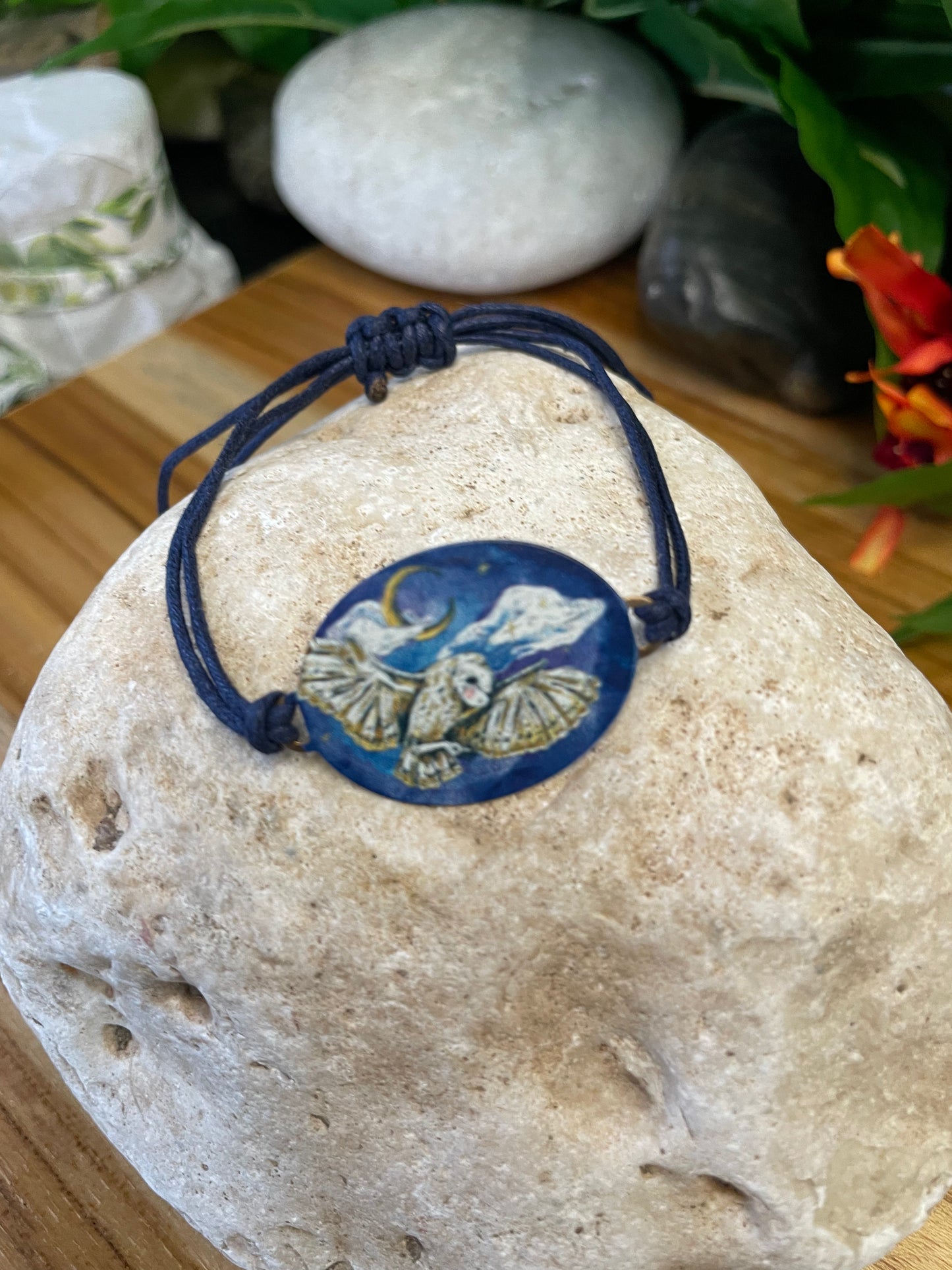Owl, Crescent Moon & Cloud, Blue Hemp Inspirational Bracelet.