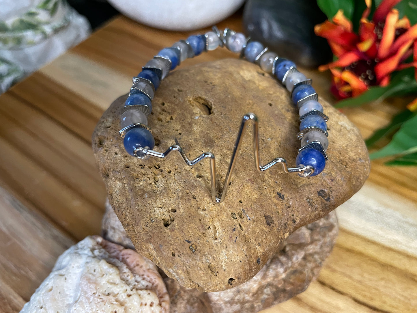 Heartbeat Agate & Blue Aventurine Stones w/metal spacers, Healing Bracelet.