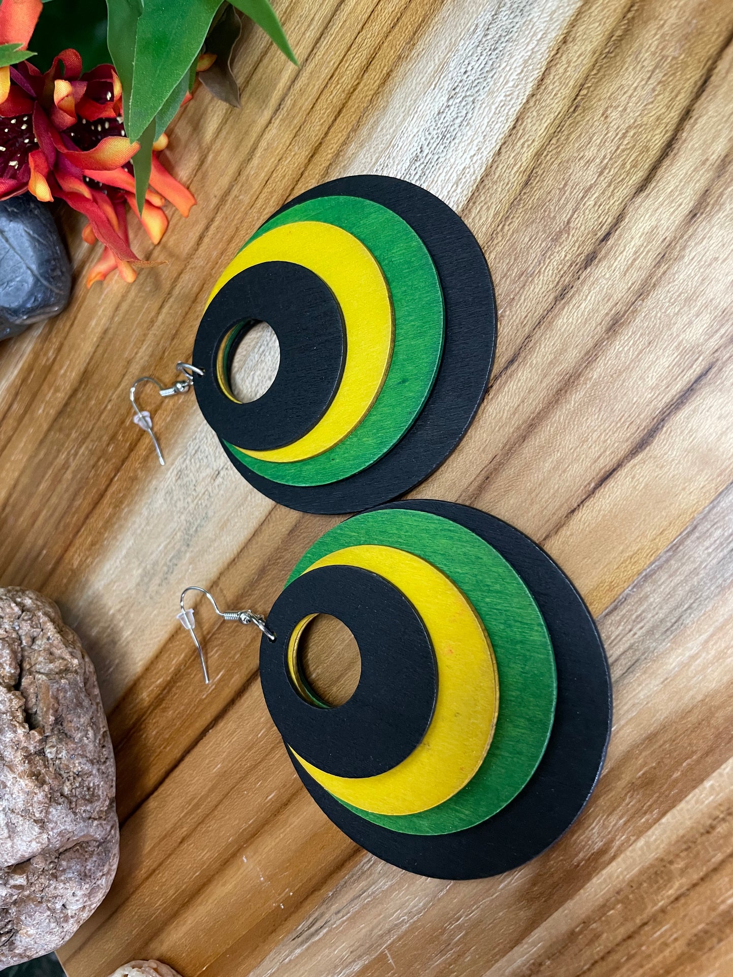 Jamaican Wooden Round Earrings.
